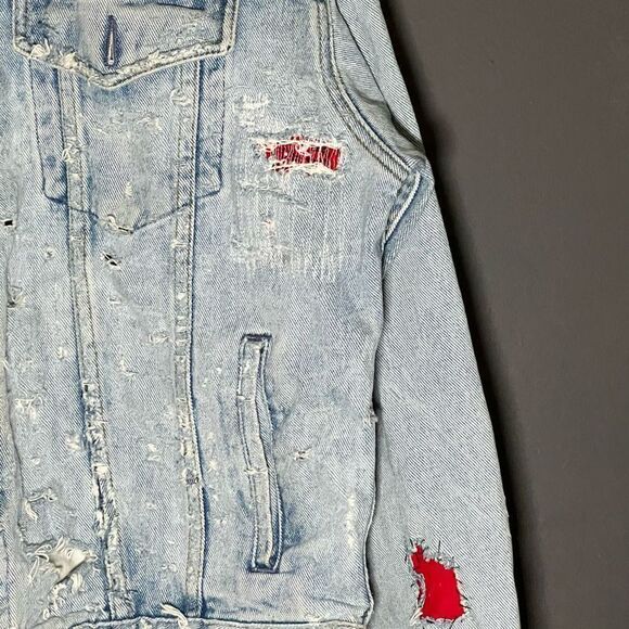 Vintage Paradise France Handmade Distressed Denim Jacket With Vintage Bandana Pa - Picture 4 of 9